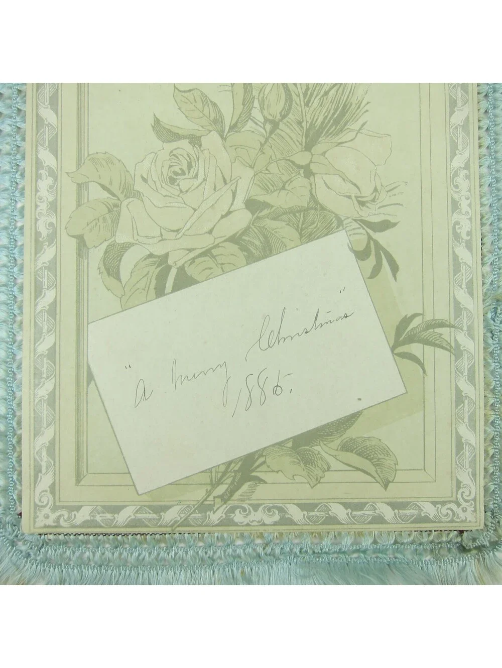 Victorian Card XL New Years Flowers Blue Silk Fringe Double Sided Antique 1886